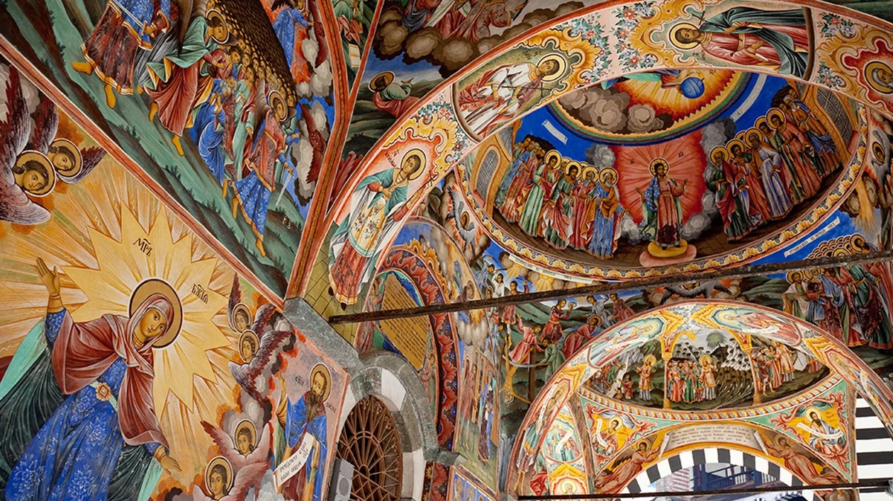 Rila Monastery, with its bright colors and painted archways, in Bulgaria