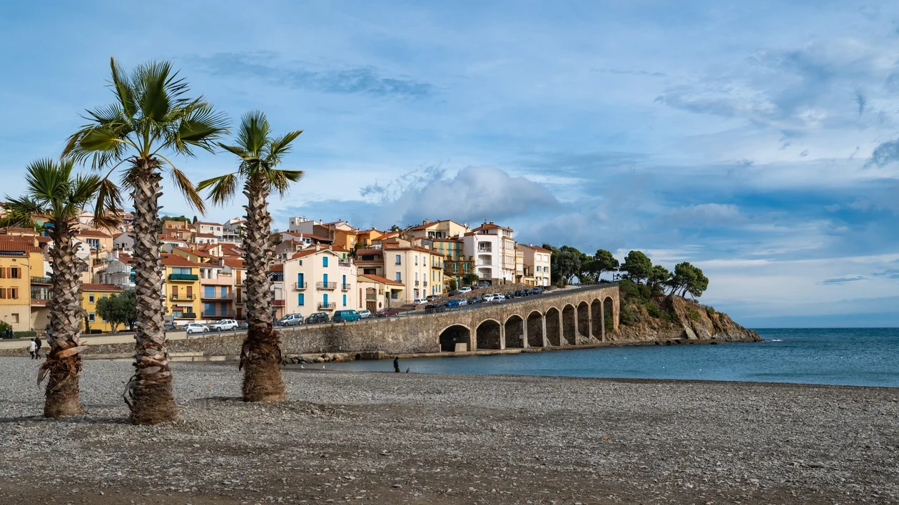 View from beach at Mediterranean seaside town of Banyuls sur Mer, Pyrenees Orientales department, southern France