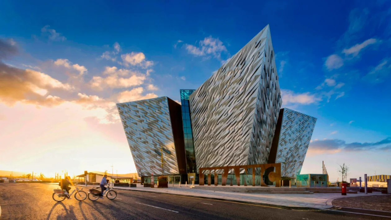 Cyclists outside of the Titanic Museum in Belfast city