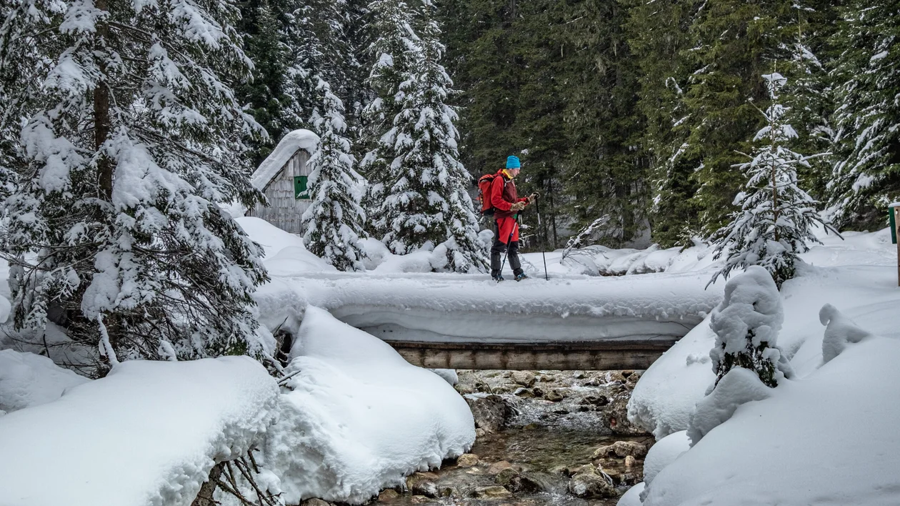 A person wearing red hiking gear and a blue hat crosses a snowy wooden bridge surrounded by a winter forest, with a small cabin visible in the background.