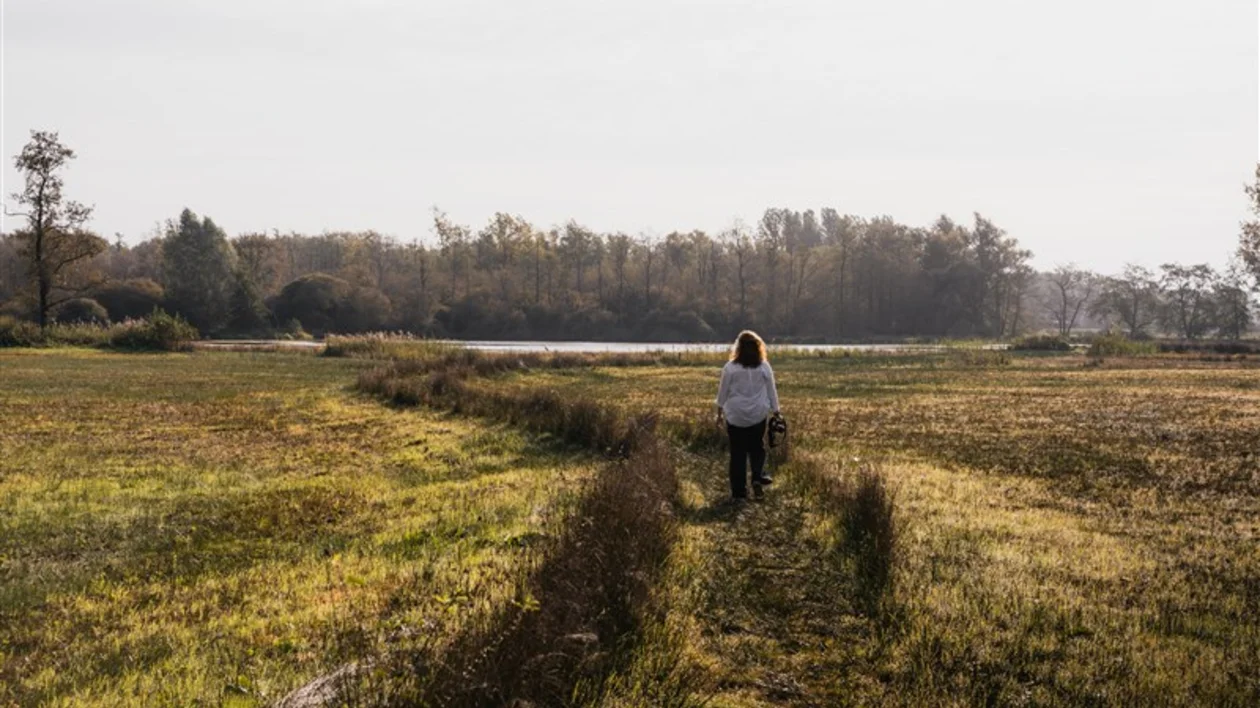 A woman walks along a grassy path by a serene lake, surrounded by soft morning light and autumn foliage.