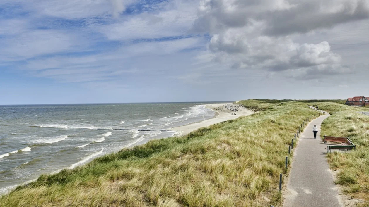 Pathway along the grassy dunes leading to the North Sea beach on the island of Sylt, Germany.