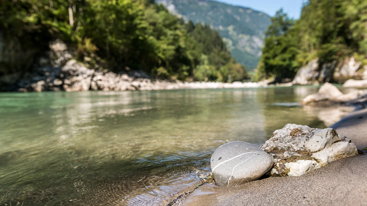 Tranquil river flowing through a lush alpine valley.