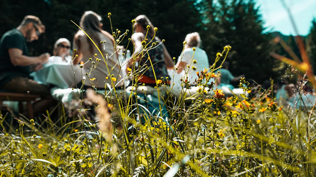 Outdoor dining experience in SalzburgerLand, Austria, with guests enjoying a forest brunch surrounded by nature.