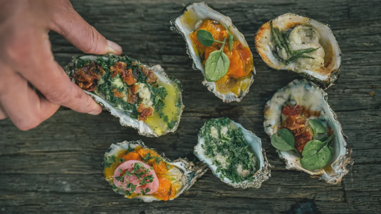 Freshly prepared oysters with herbs and toppings served by the Wadden Sea in Denmark, a local coastal delicacy.
