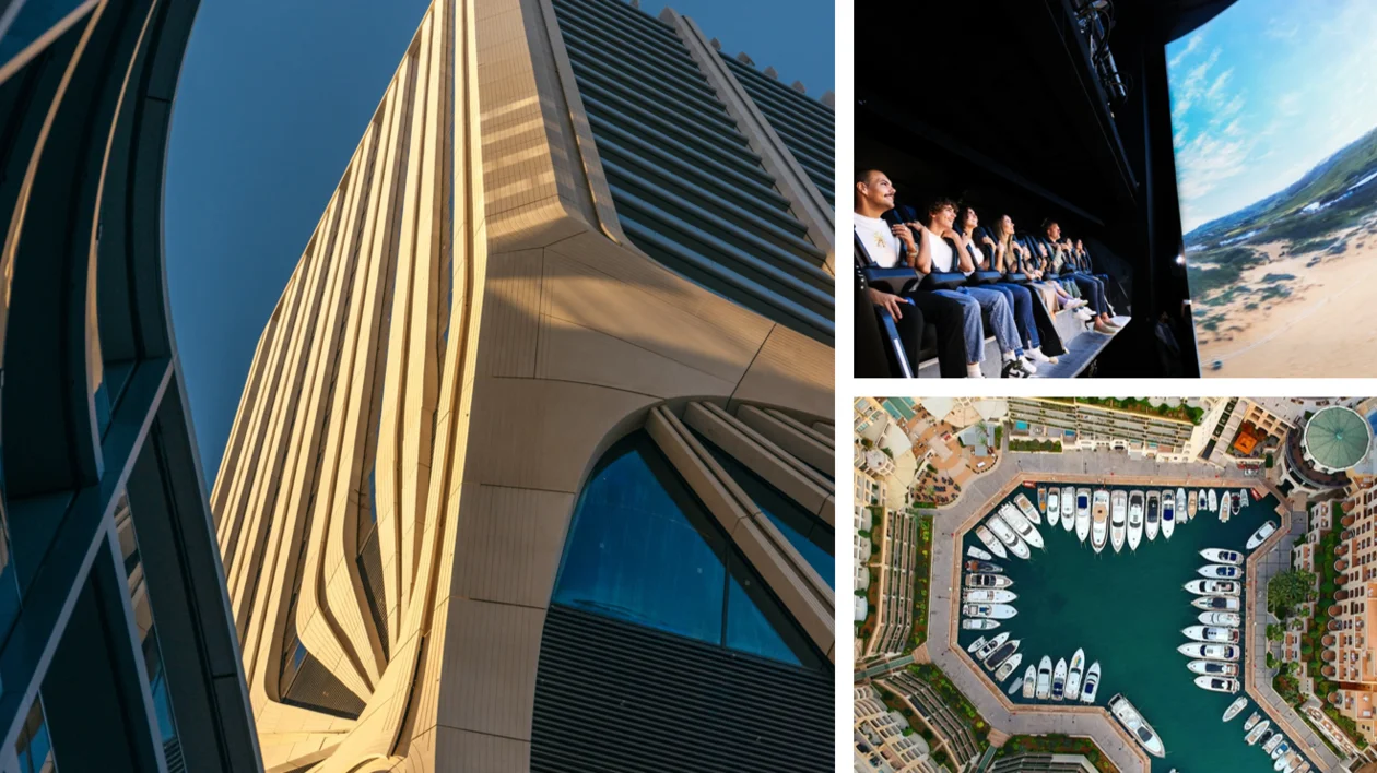 Photo collage of St. Julian's, Malta, featuring modern high-rise architecture, a luxury marina filled with yachts, and people enjoying an immersive entertainment ride.