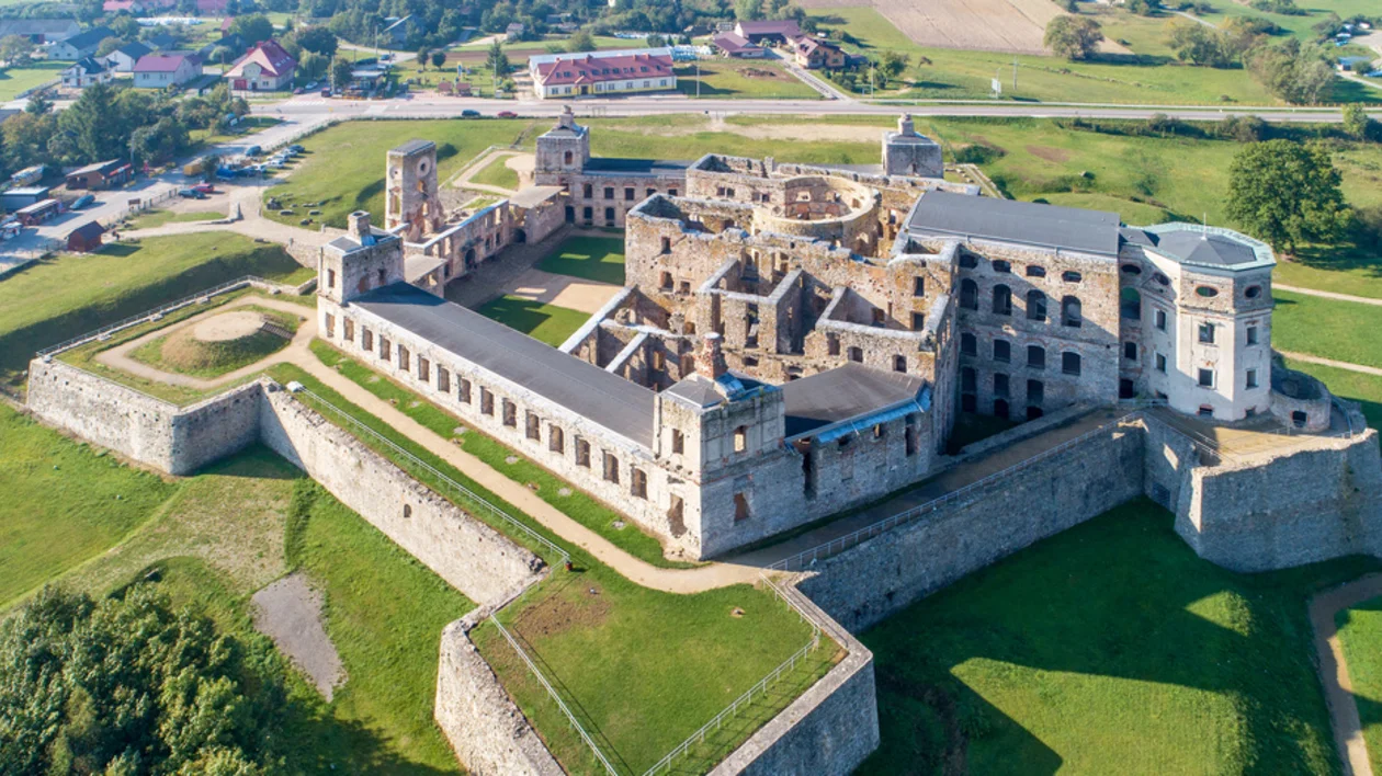Old, ruined castle Krzyztopor in Ujazd, Poland, built in 17th century, ruined to naked walls in 18th century. Aerial view in the morning