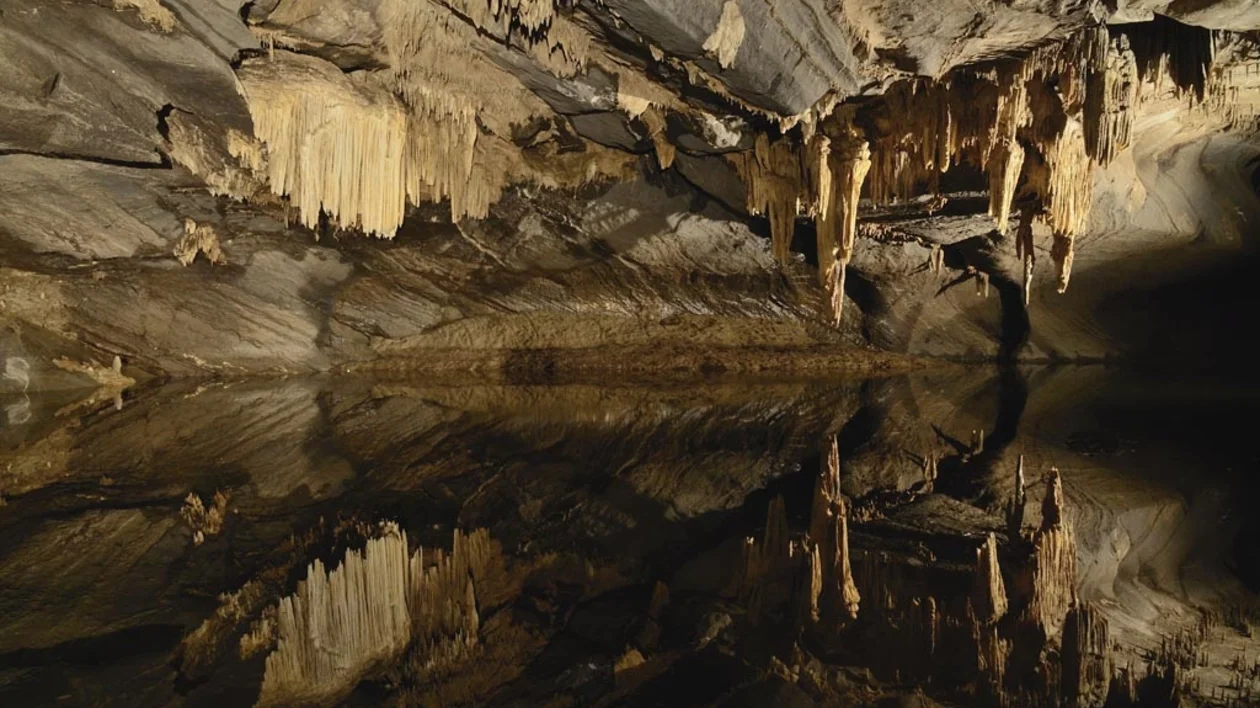 Stalactites and stalagmites reflected in an underground cave lake at the Grottes de Han in Belgium