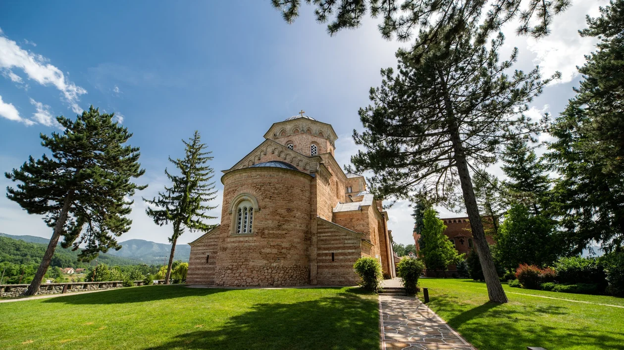 Žiča Monastery surrounded by trees in central Serbia