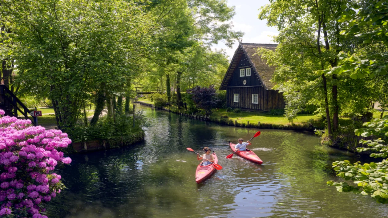 Two people kayaking on a calm river past a wooden house surrounded by lush greenery.