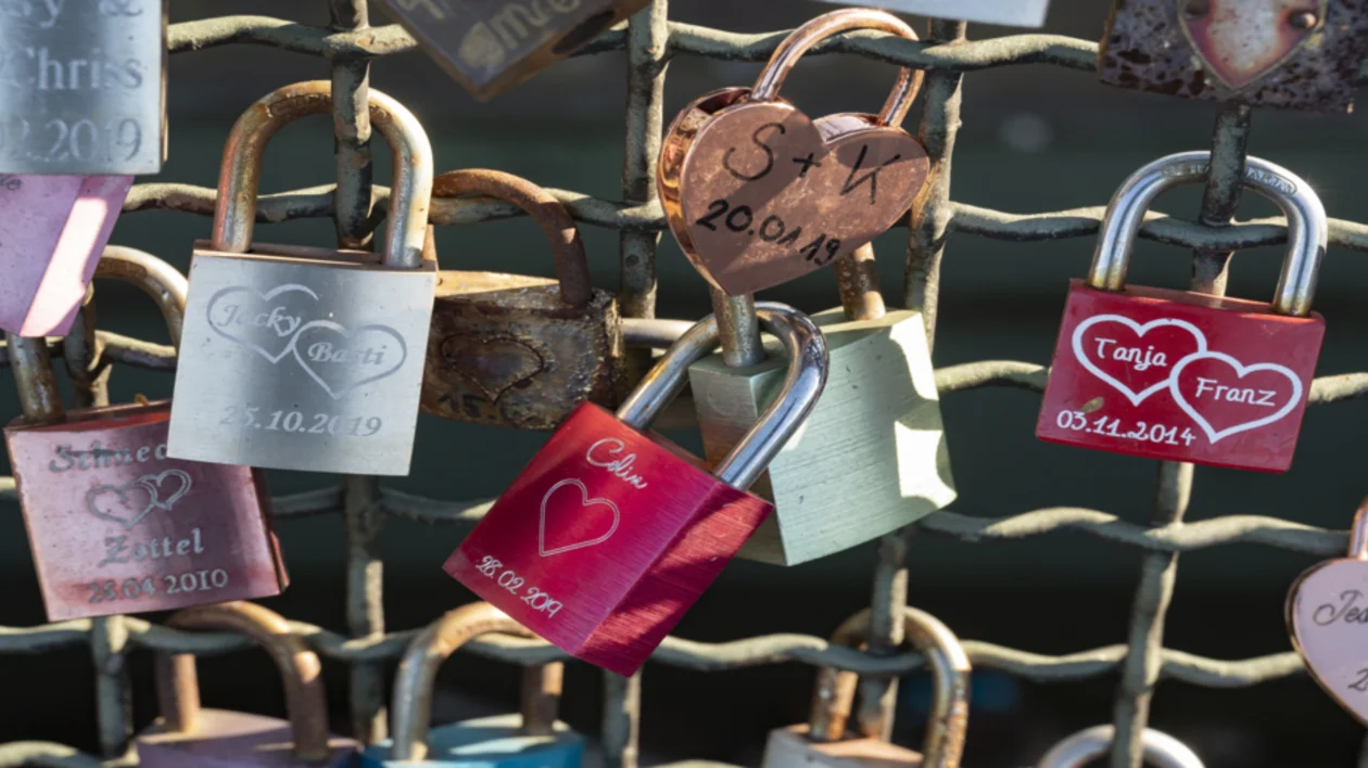 Love locks attached to a metal fence.