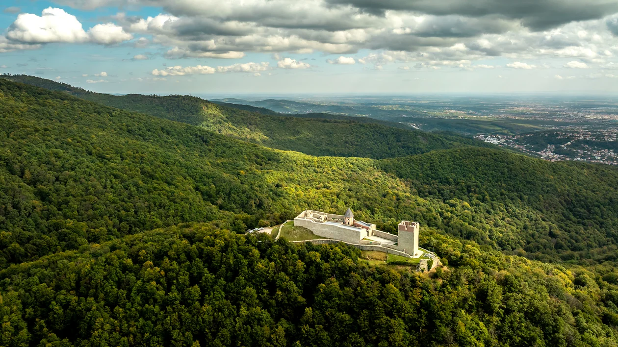 Castle on a forested hilltop with distant city and cloudy sky.