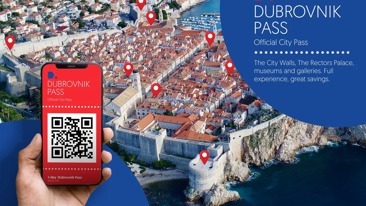 A hand holds a Dubrovnik Pass QR code over an aerial view of Dubrovnik’s old town with map pins.