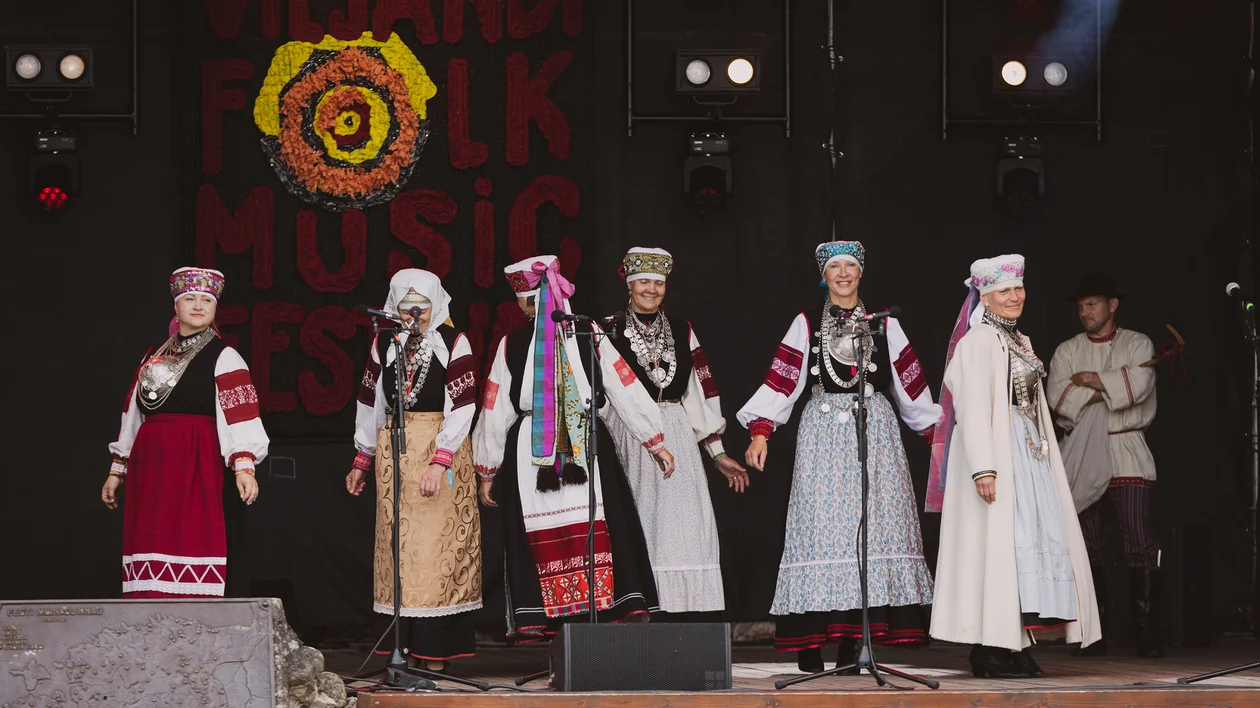 People in traditional folk costumes performing on stage at a folk music festival.