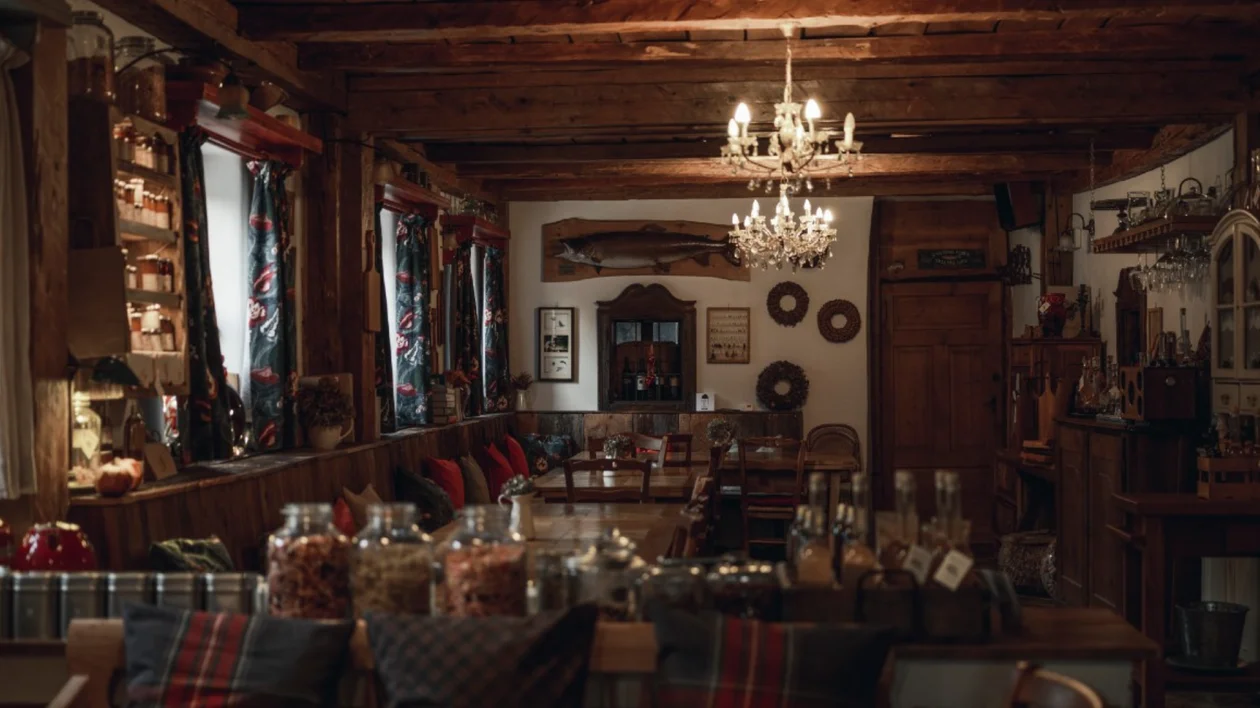 Cozy rustic café with wooden beams, chandeliers, and jars of snacks on the counter.