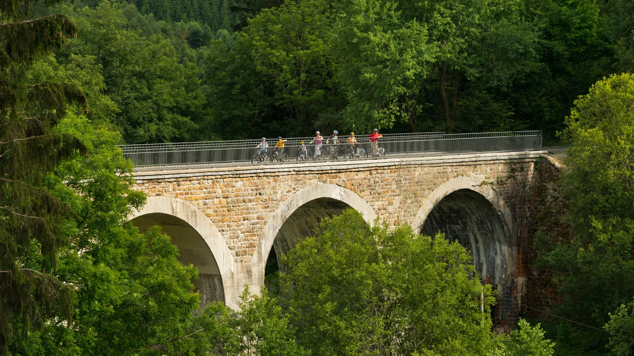 Cyclists crossing a stone arch bridge surrounded by lush green trees.