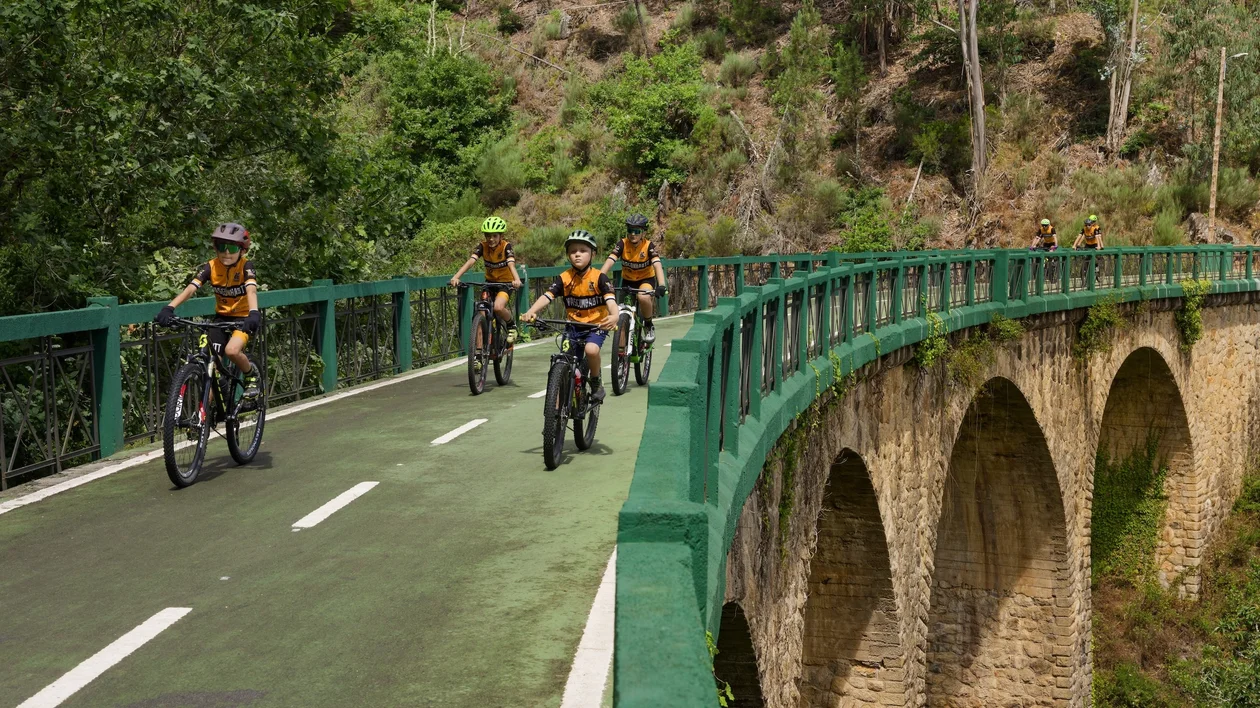 Group of cyclists riding on a green bike path over a stone bridge in a forested area.