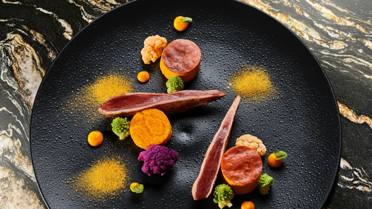 Gourmet dish with sliced meat, colorful vegetables, and spice powders on a black plate.