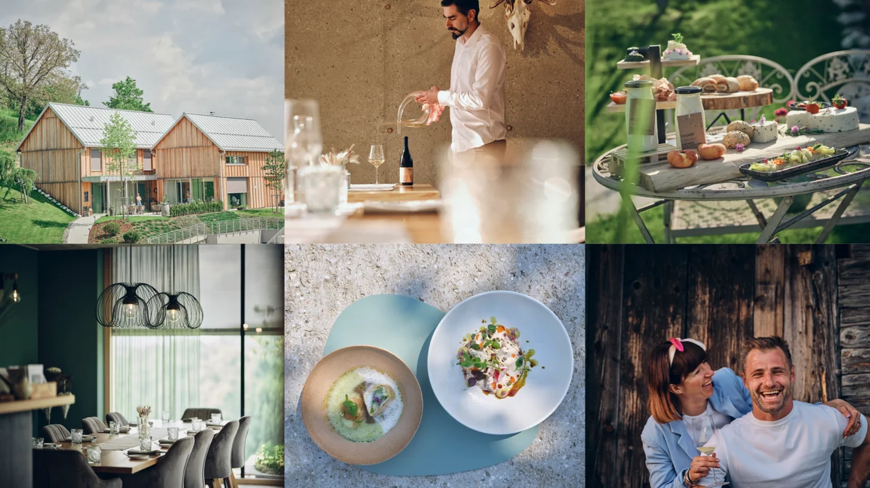 Collage of countryside house, fine dining, outdoor tea, modern restaurant, gourmet dishes, smiling couple.