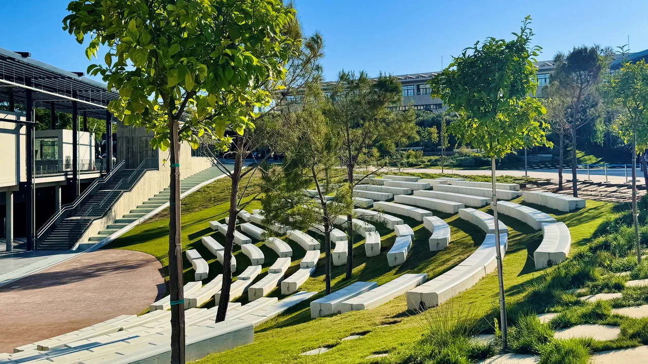 Outdoor amphitheater with curved concrete benches, surrounded by green grass and trees.