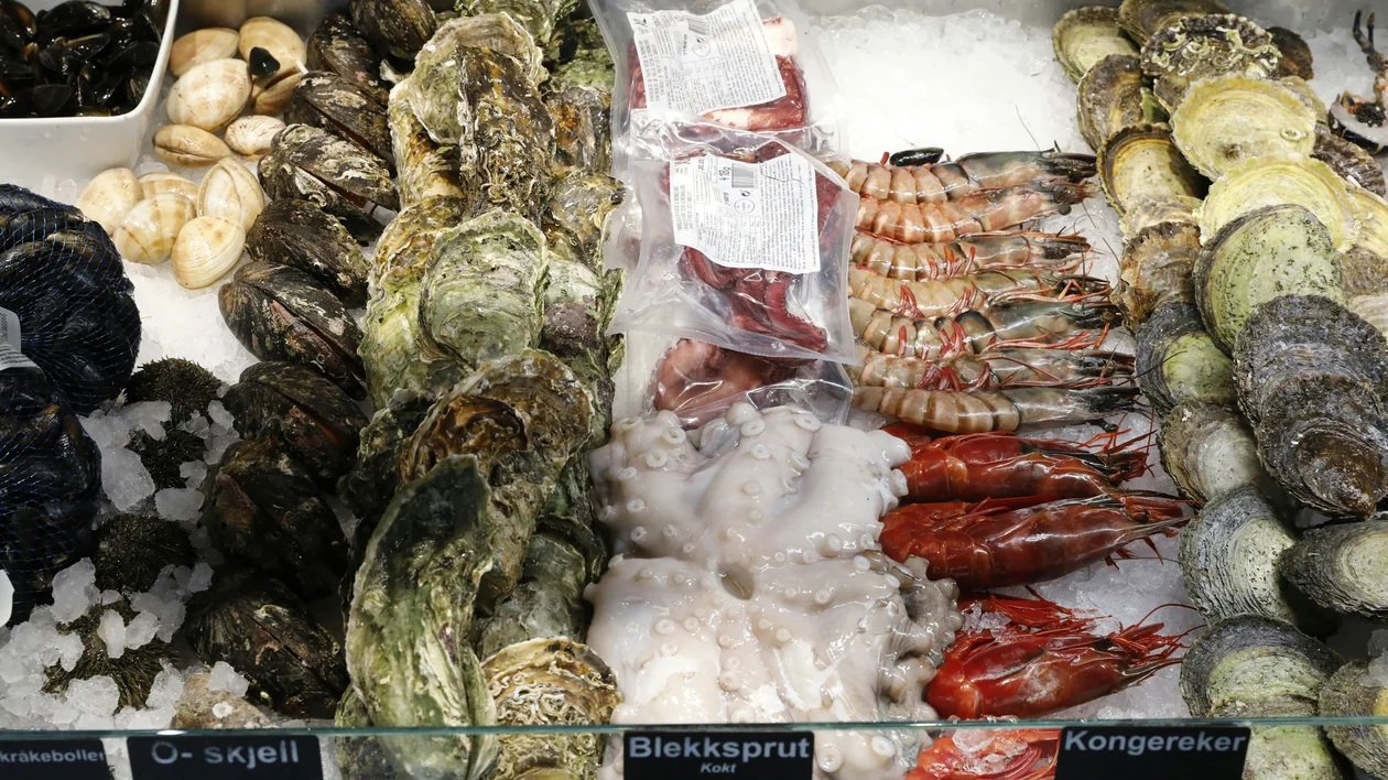 Fresh seafood on ice, including oysters, prawns, clams, and packaged fish.