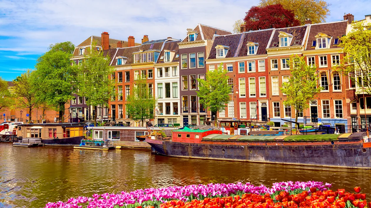 Canal with boats, colorful tulips, and traditional Dutch houses in Amsterdam.