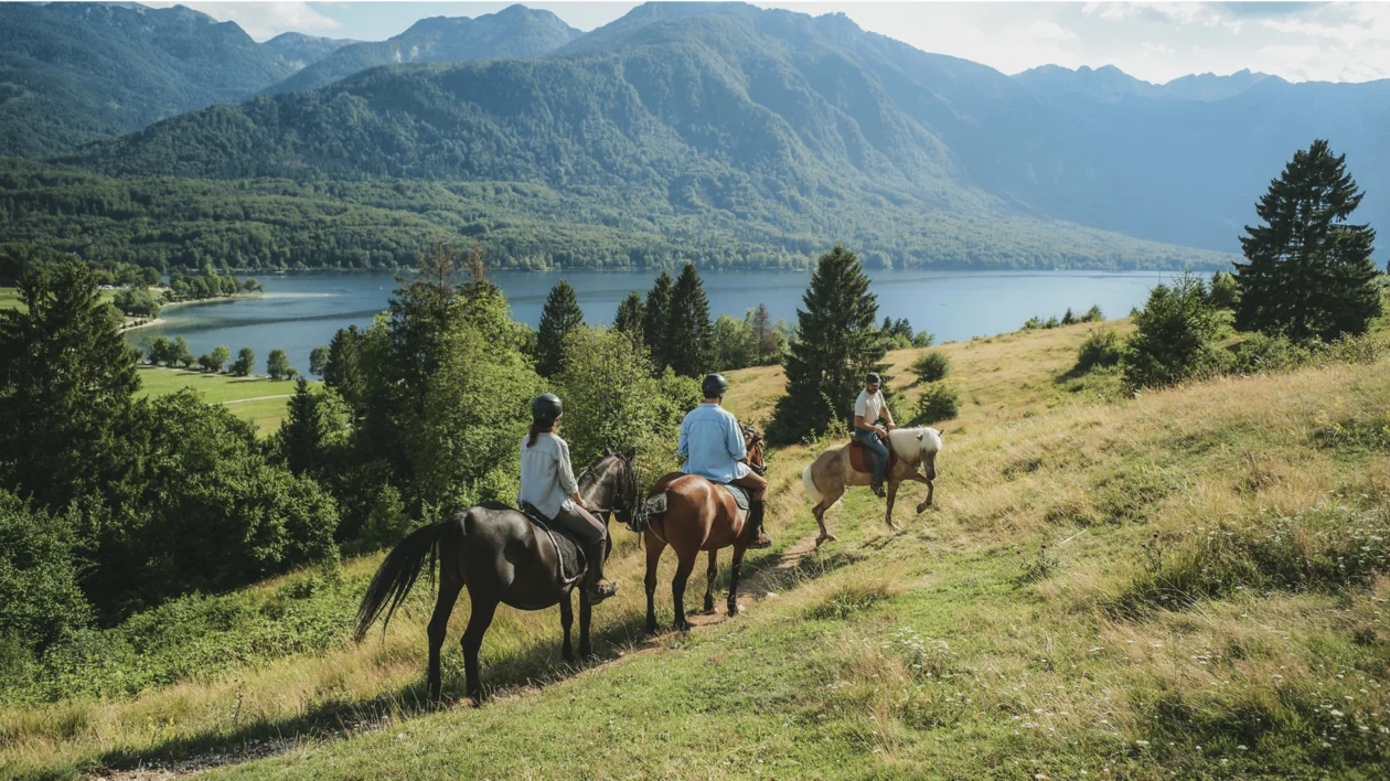 Three people riding horses along a grassy hillside overlooking a lake and mountains.