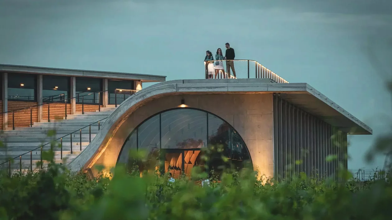 Three people stand on the rooftop of a modern, curved building at dusk.