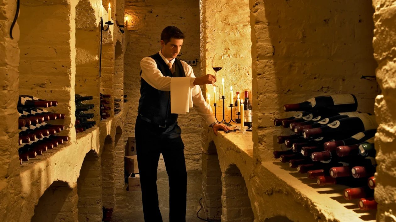 Sommelier examining a glass of wine in a dimly lit wine cellar.