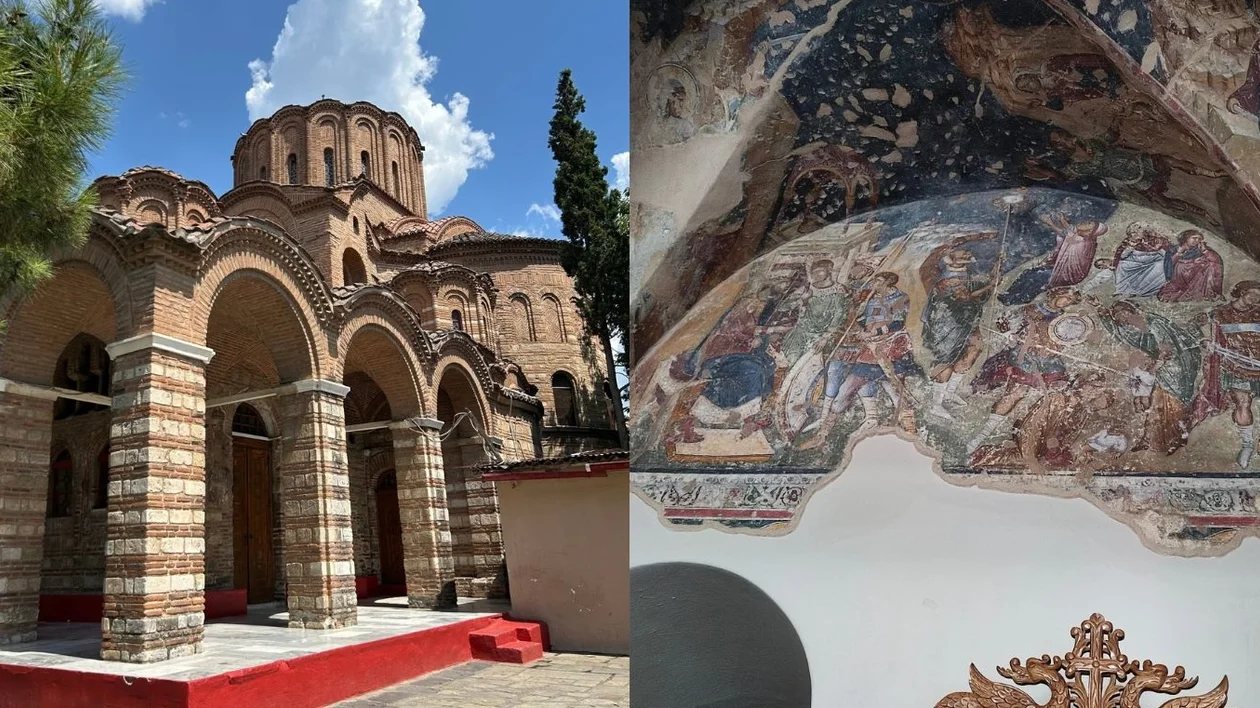 Brick Byzantine church exterior on left; faded religious fresco inside on right.