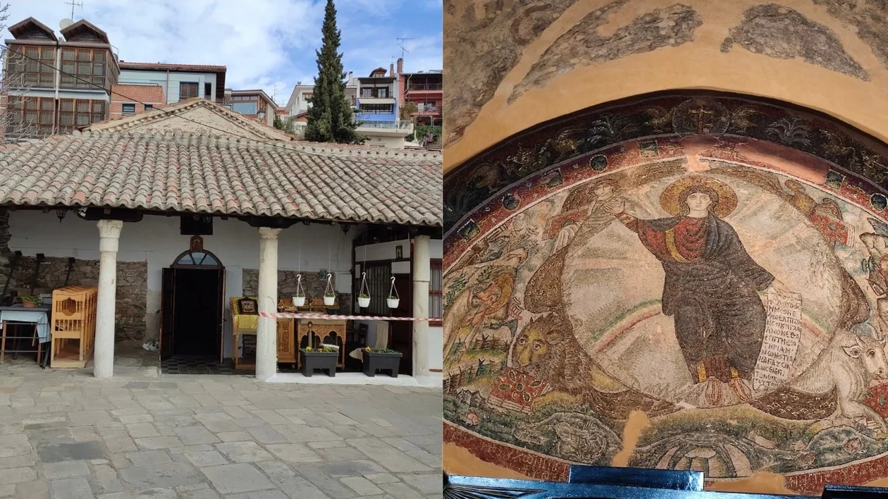 Old stone church exterior on the left, colorful religious mural on the right.