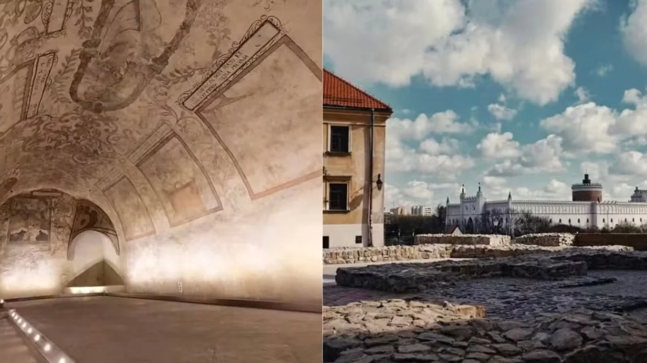 Historic vaulted room with faded murals and exterior ruins under a partly cloudy sky.