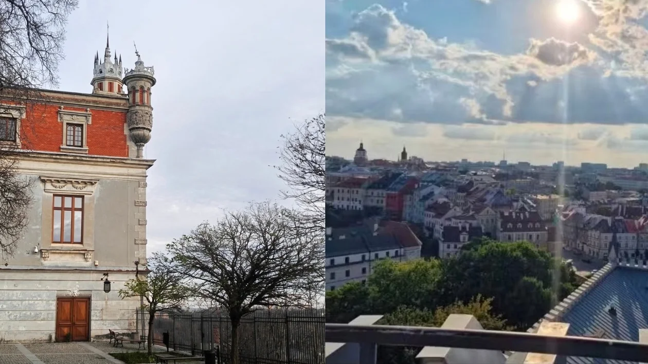 Historic castle wall and tower on the left; cityscape under a bright sky on the right.