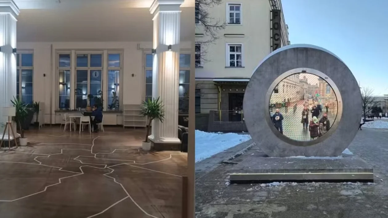 Split image: left is a bright room with chairs, right is an outdoor circular mirror on a street.