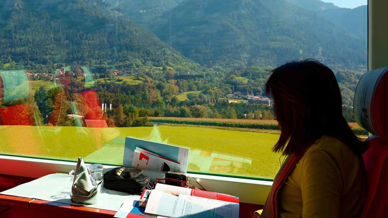 Person sitting by a train window, looking at mountains and green landscape outside.
