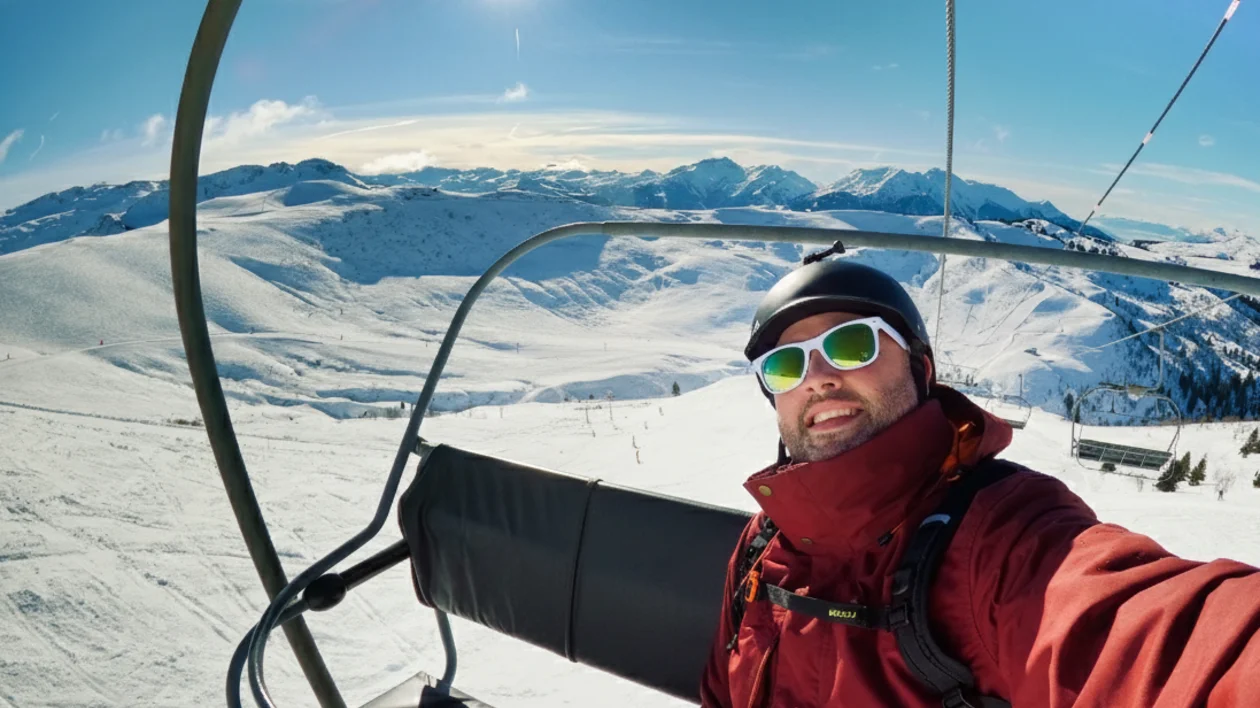 Man in sunglasses and red jacket on a ski lift with snowy mountains in the background.