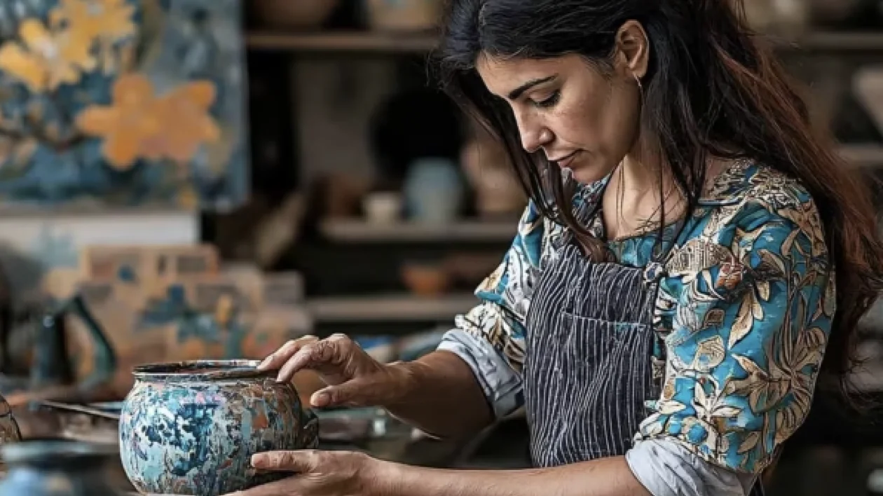 Woman painting a ceramic pot in an art studio filled with pottery.