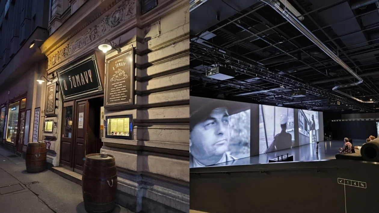 Historic theater entrance and dimly lit interior with black-and-white films projected on screens.