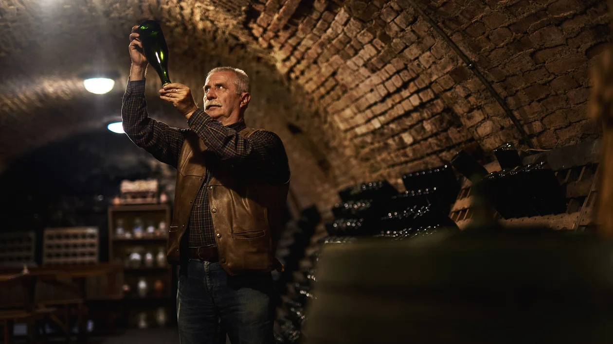 Man inspecting a wine bottle under light in a dimly lit wine cellar.