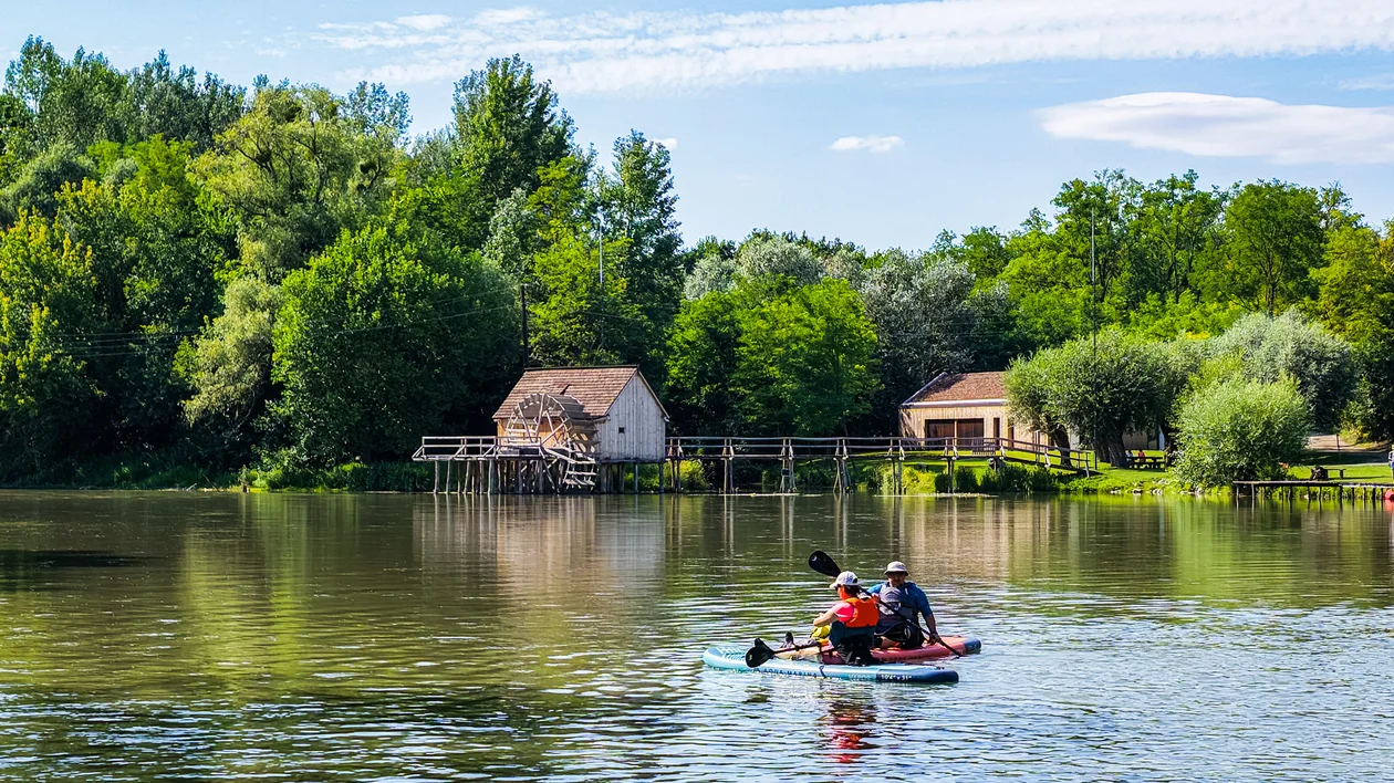 Two people paddle a boat on a calm lake with trees and houses in the background.