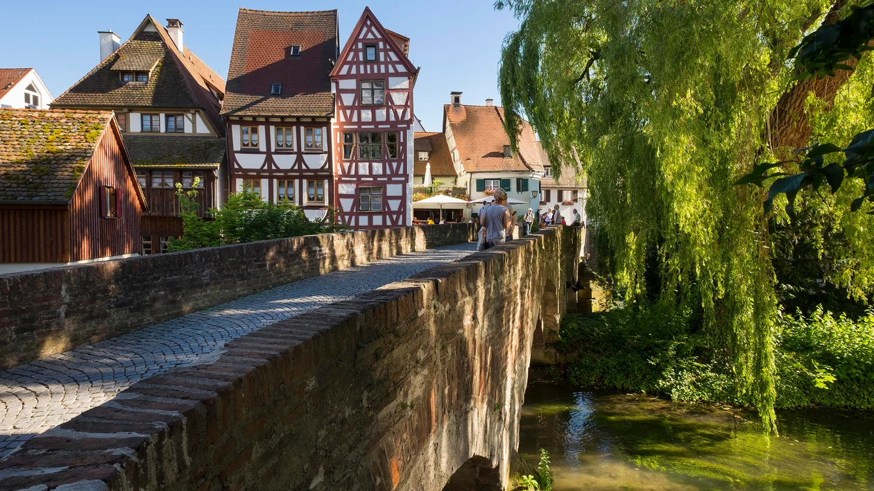 Stone bridge over a stream with half-timbered houses and leafy trees in the background.