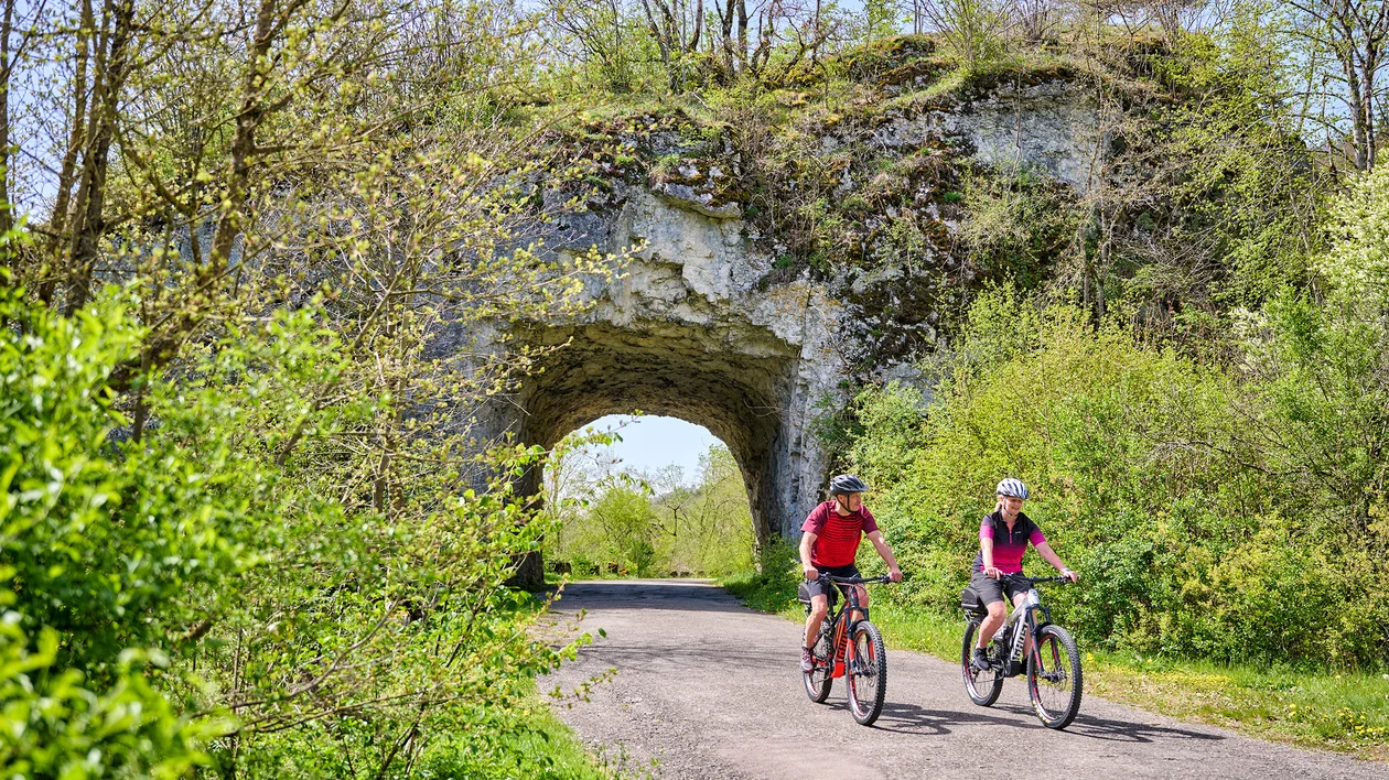 Two cyclists ride on a path under a leafy stone arch in a green, sunny landscape.