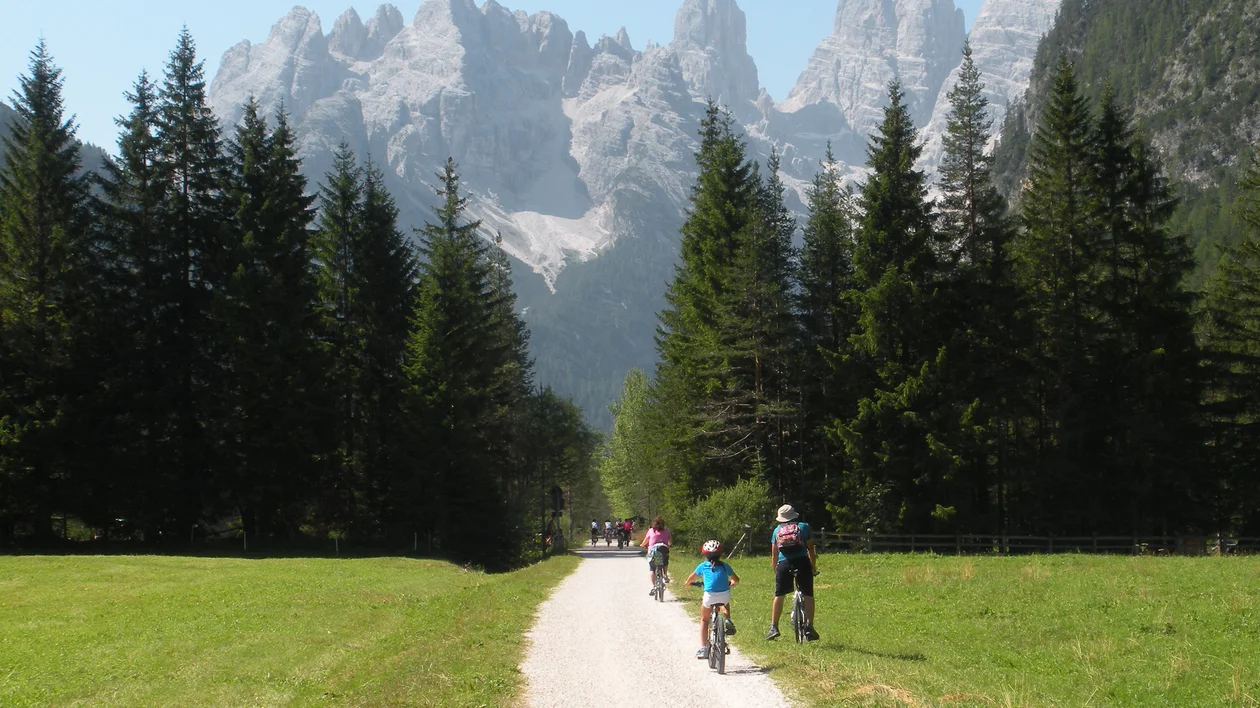 People biking and walking on a gravel path surrounded by pine trees and mountains.