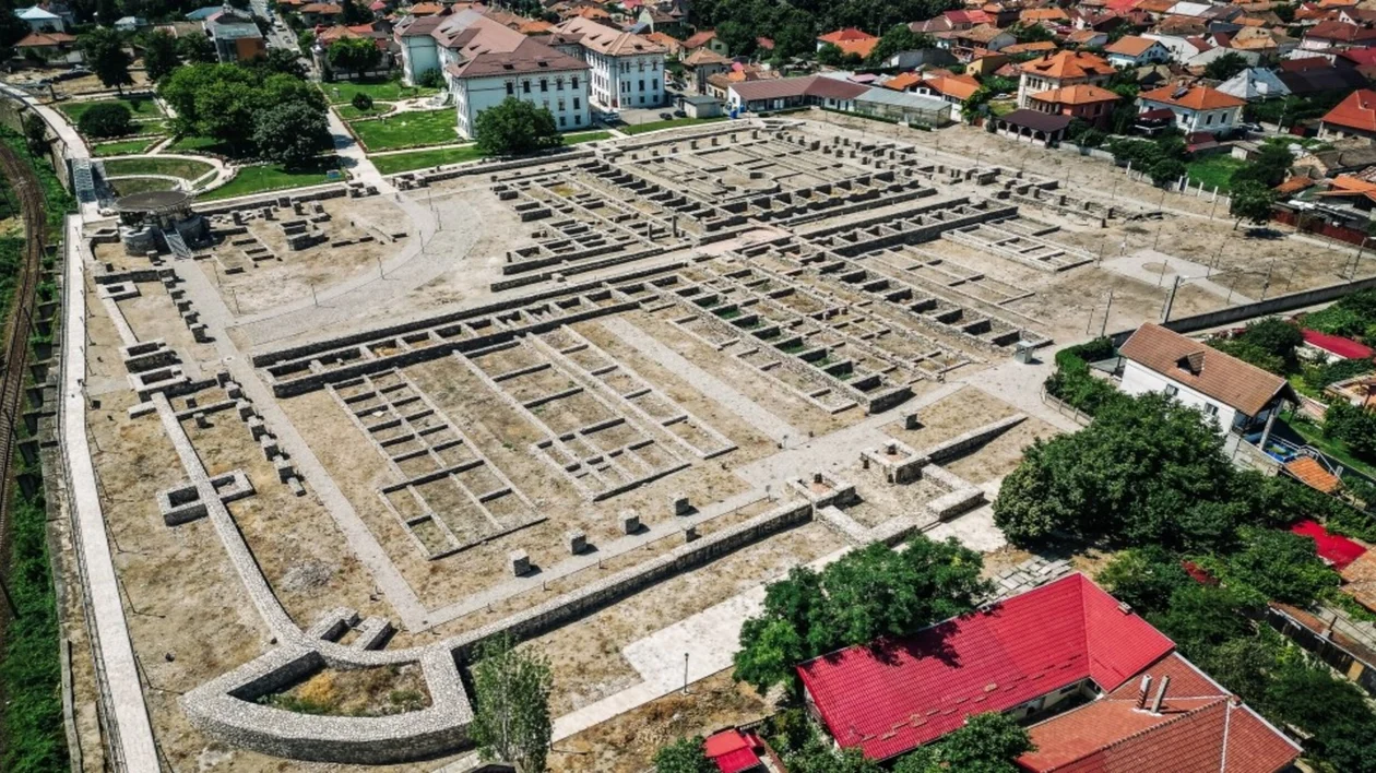 Aerial view of ancient stone ruins surrounded by houses and greenery.