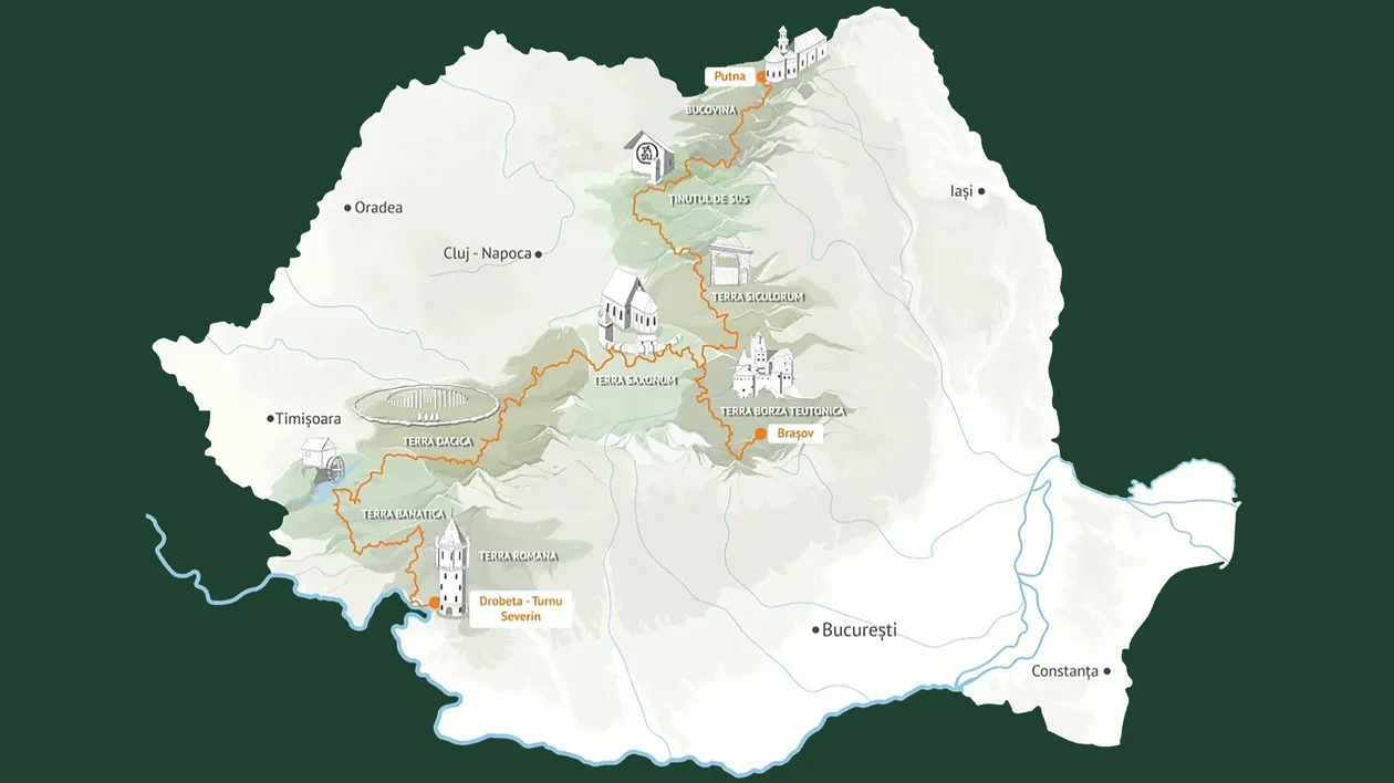 Map of Romania highlighting the Carpathian Mountains and several marked locations.
