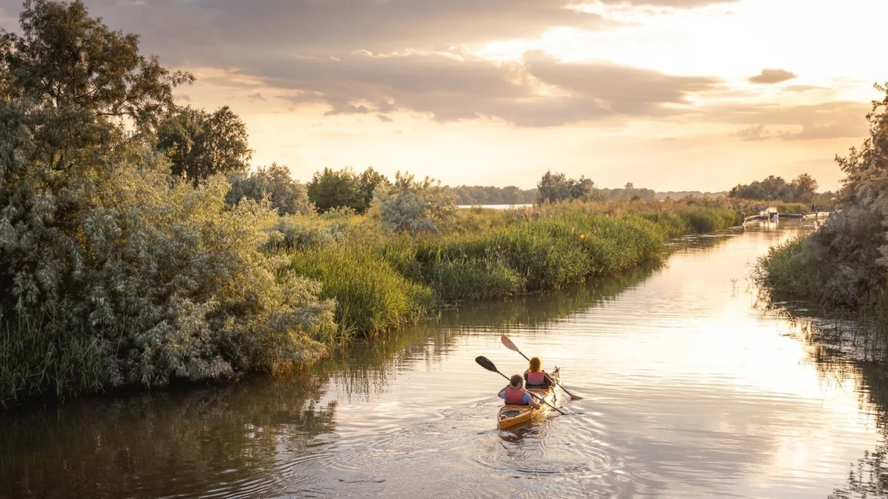 Two people kayaking on a calm river at sunset, surrounded by lush greenery.