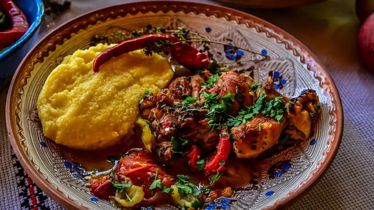 Polenta and chicken stew with red peppers and herbs on a ceramic plate.