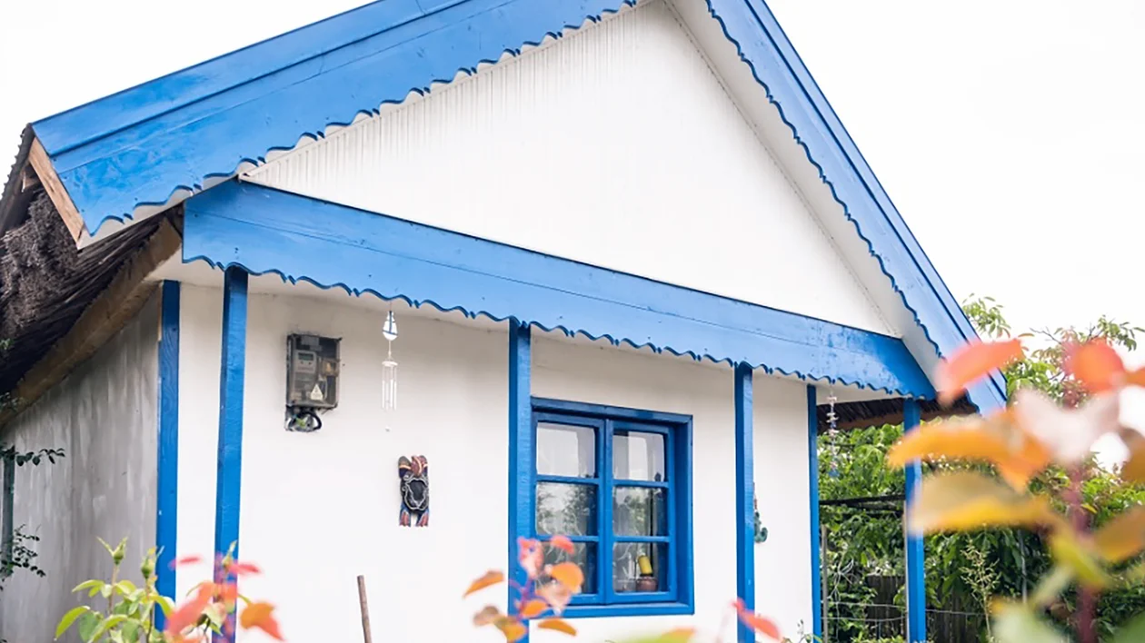 Small white house with blue trim and a gabled roof, surrounded by greenery.