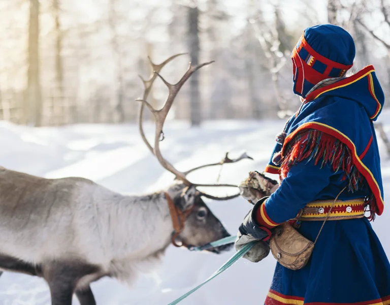 Sámi person with a reindeer.