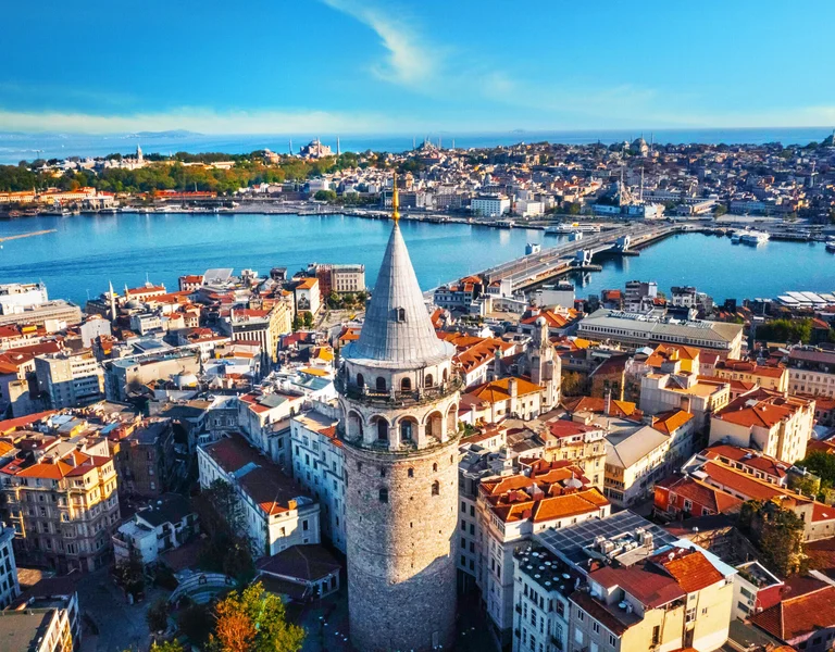 Aerial view of Galata Tower, Blue Mosque in Turkey.